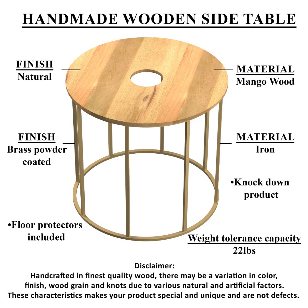 19" Round Mango Wood Side Table, Brass Frame