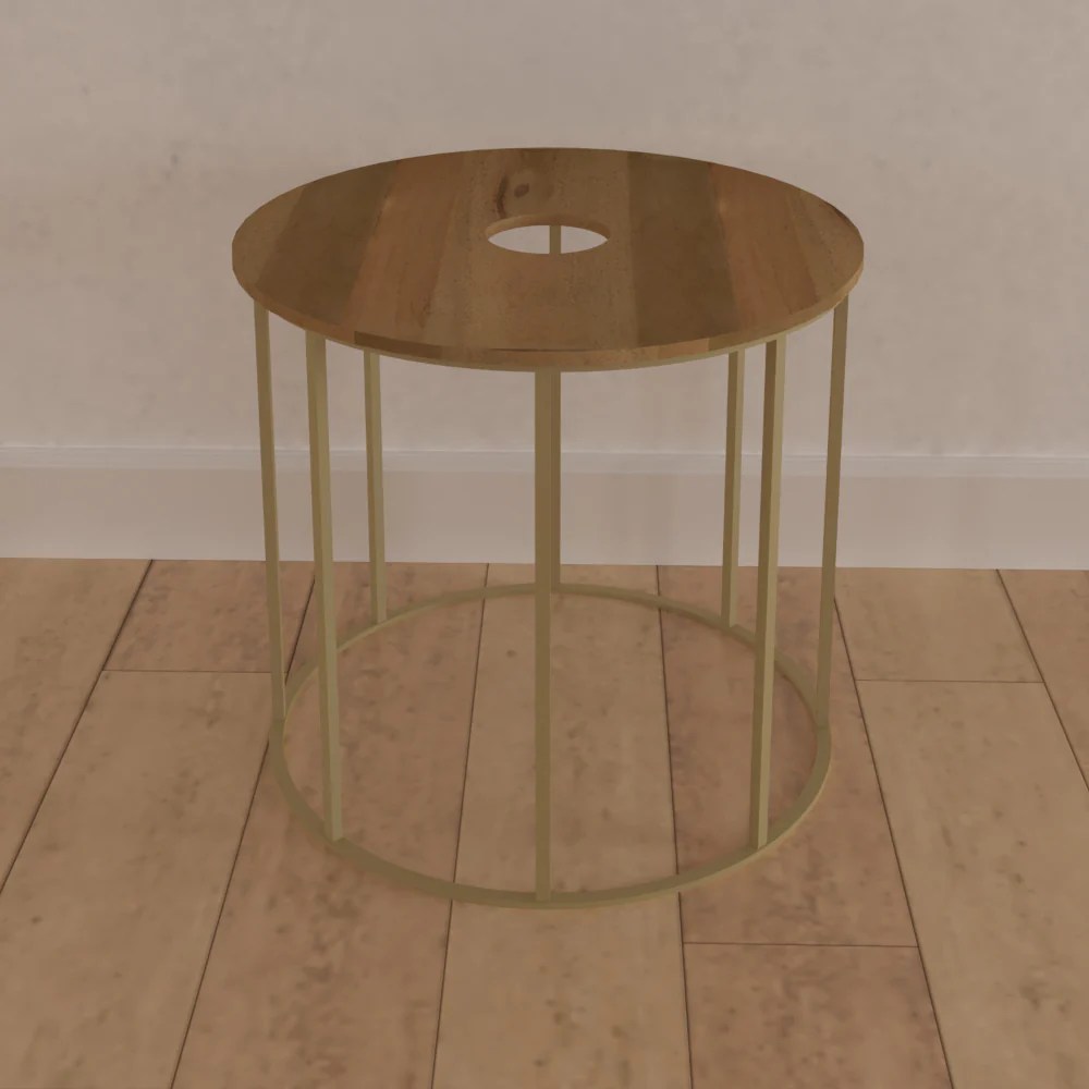 19" Round Mango Wood Side Table, Brass Frame