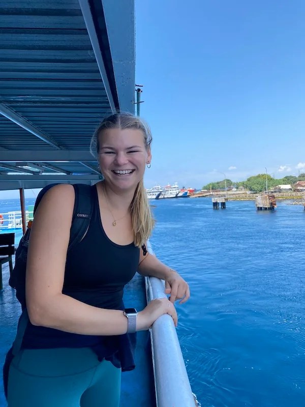 Lou smiling on the ferry boat as we set off from the port on East Java