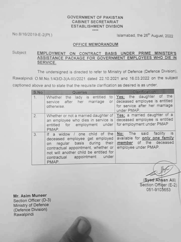 Employment on Contract Basis Under Prime Minister’s Assistance Package