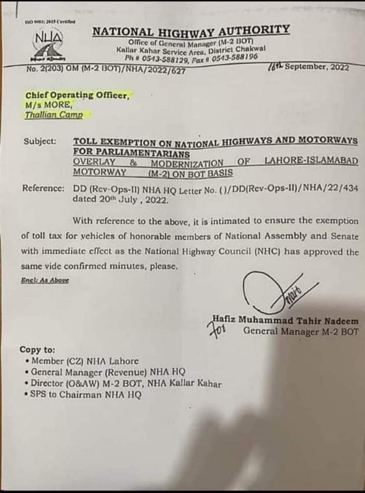 Toll Exemption on National Highways and Motorways for Parliamentarians