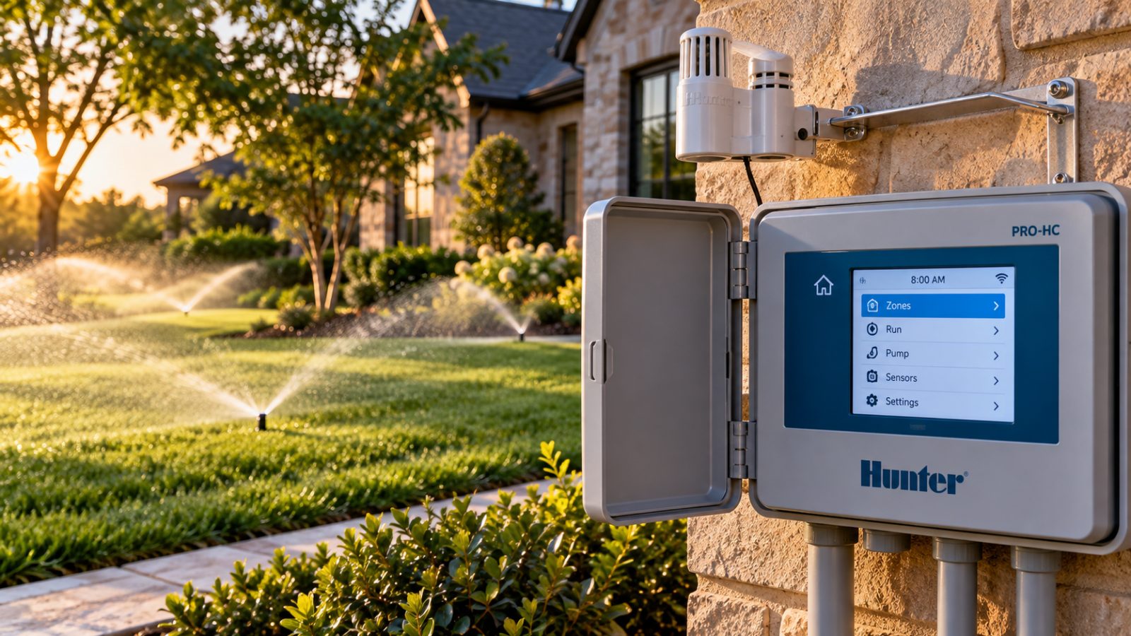 Wi-Fi smart irrigation controller mounted outside a home with sprinkler zones running at sunrise