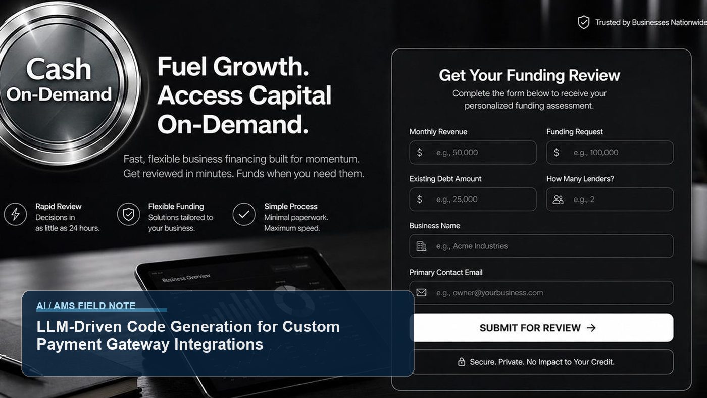 No-face editorial photo for LLM-Driven Code Generation for Custom Payment Gateway Integrations, showing ai operations, merchant tools and cash-flow context for All State Merchants readers.