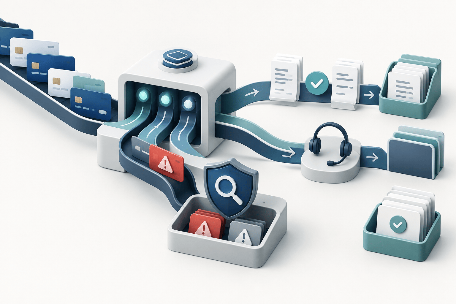 AI-generated editorial illustration of payment transactions routed through fraud checks, reconciliation and support workflows.