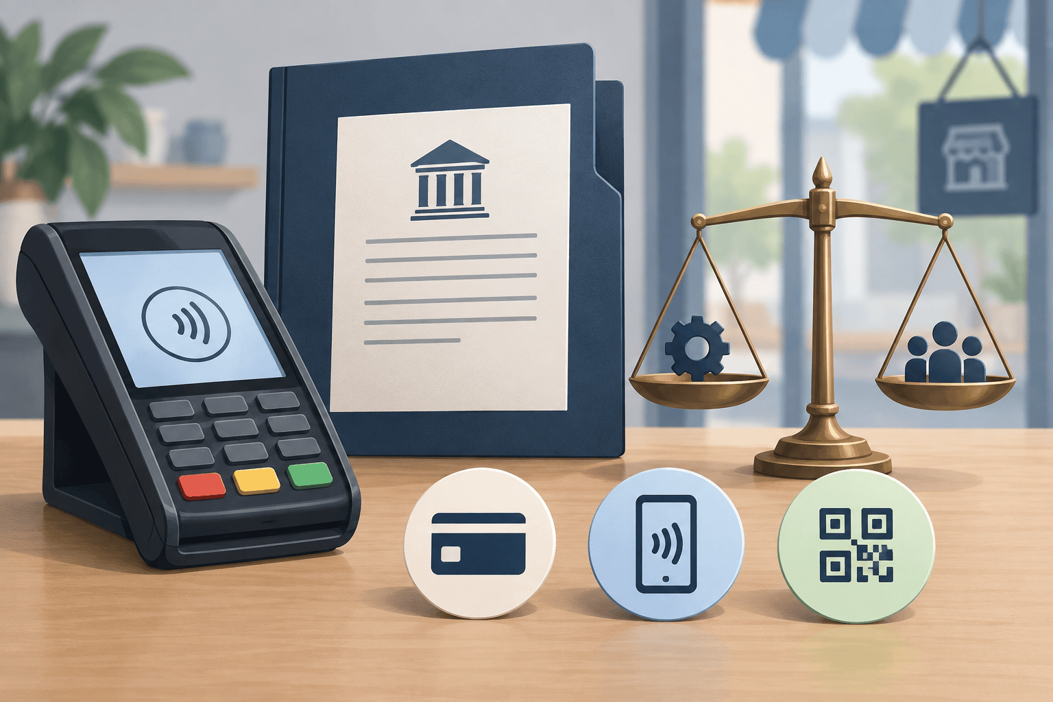 AI-generated editorial illustration of payment acceptance options, an agreement folder and balanced operating rules.