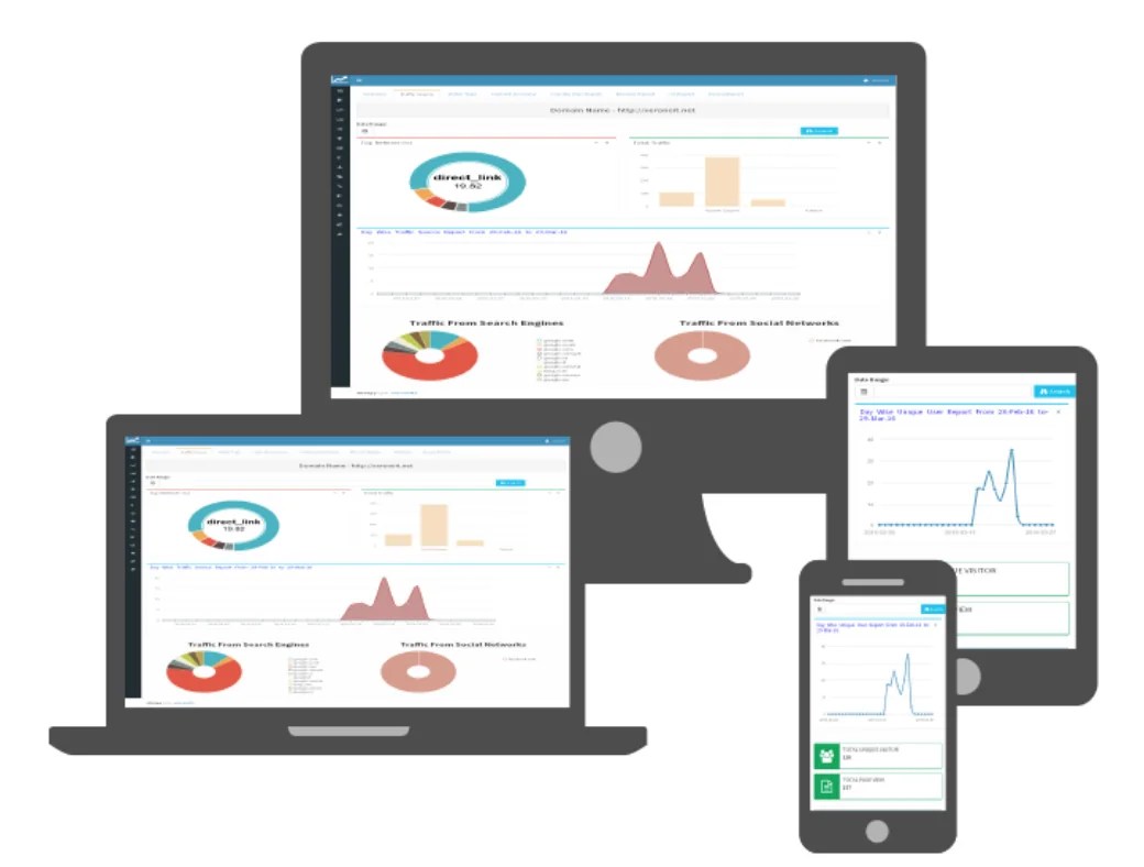 Illustration of analytics dashboards on desktop, laptop, tablet and phone screens