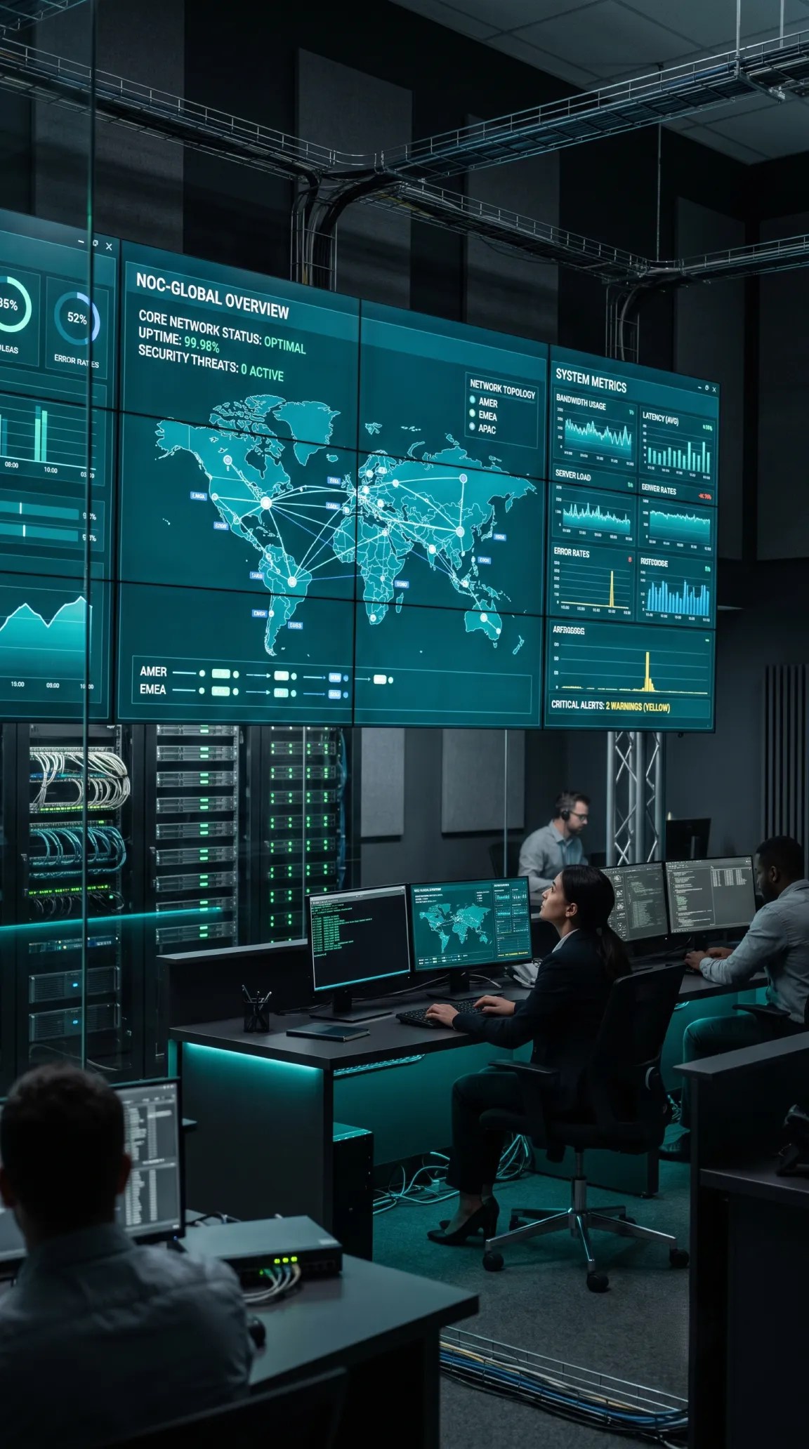 Modern network operations team monitoring enterprise infrastructure on multi-screen dashboards