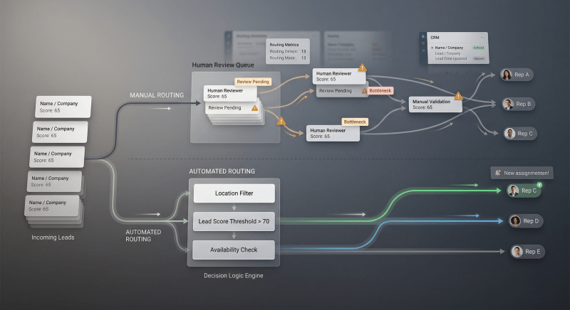 Lead routing workflow diagram comparing manual vs automated lead assignment with decision rules and instant routing
