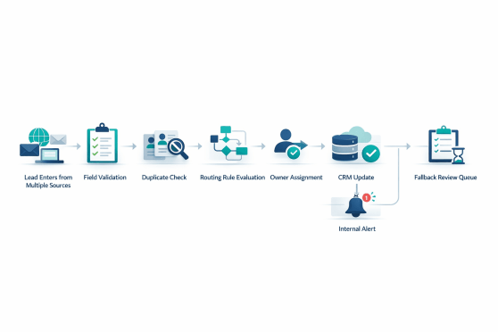 Lead routing workflow diagram showing lead intake, validation, duplicate check, assignment, CRM update, alert, and fallback review