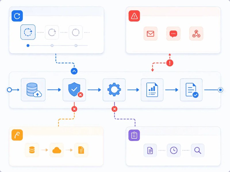 Control layer showing retries, alerts, fallback, and logging managing reporting system failures
