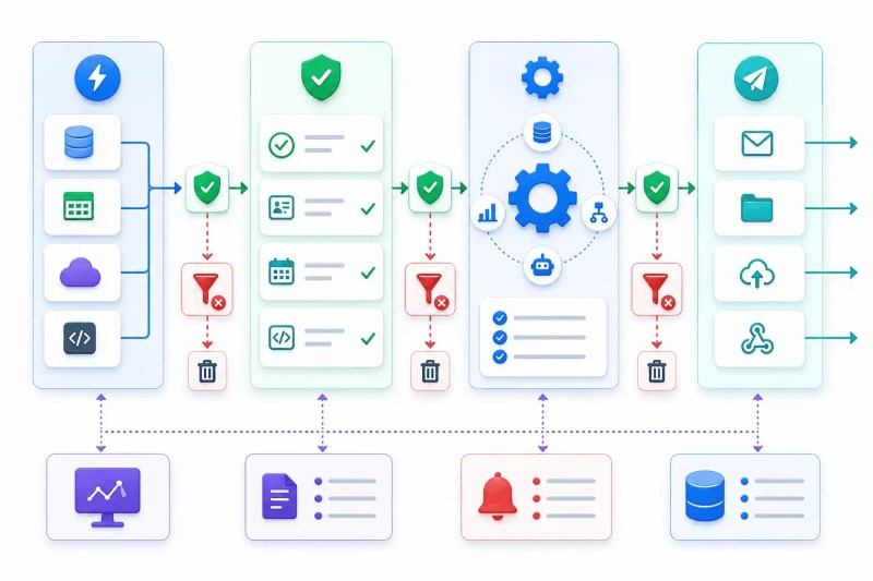 Reporting system architecture showing trigger, validation, processing, and delivery modules with controlled data flow