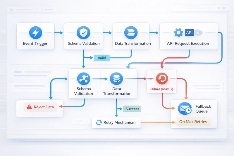 API integration workflow showing validation, transformation, routing, retries, and fallback handling