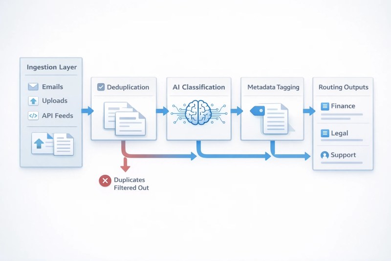 document classification workflow diagram showing ingestion deduplication classification and routing steps