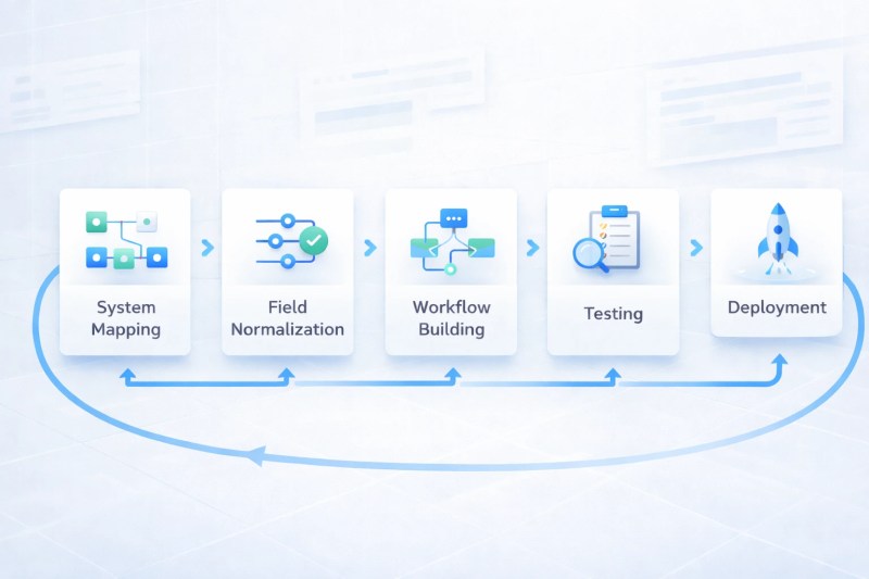 Step-by-step cross-platform workflow implementation process from system mapping to deployment