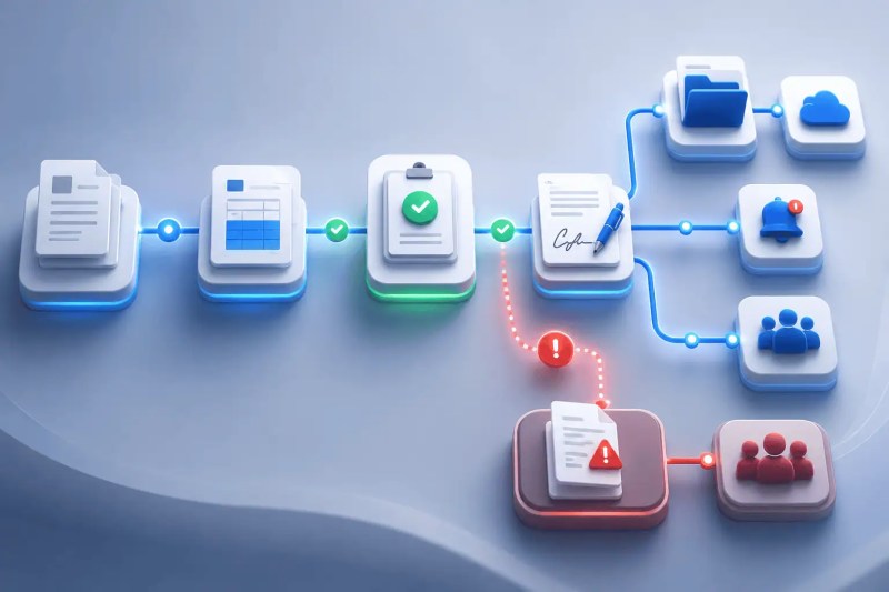 3D automation workflow showing invoices, contracts, approvals, notifications, and failed document routing paths moving through a connected system