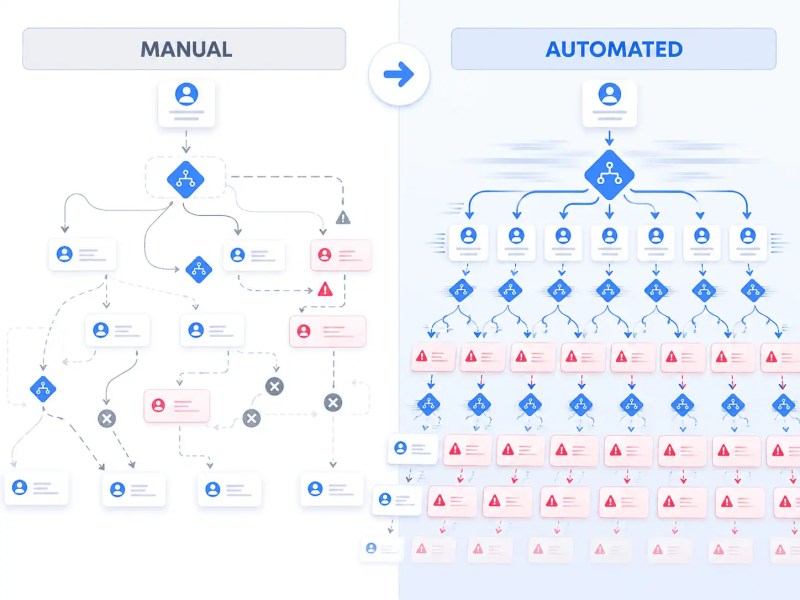 Comparison showing how broken business processes become amplified after workflow automation