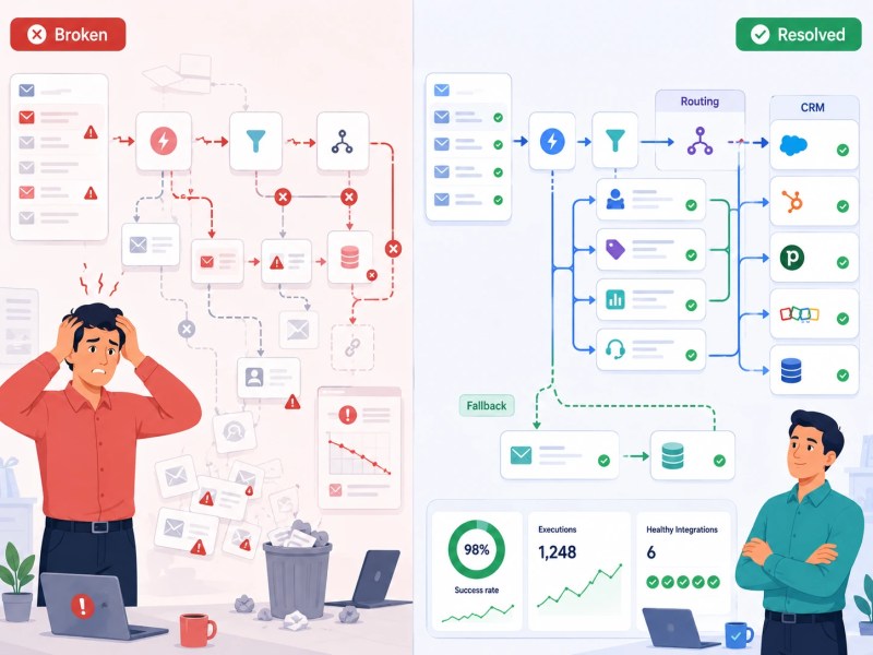 Comparison of broken versus reliable n8n email workflow routing systems