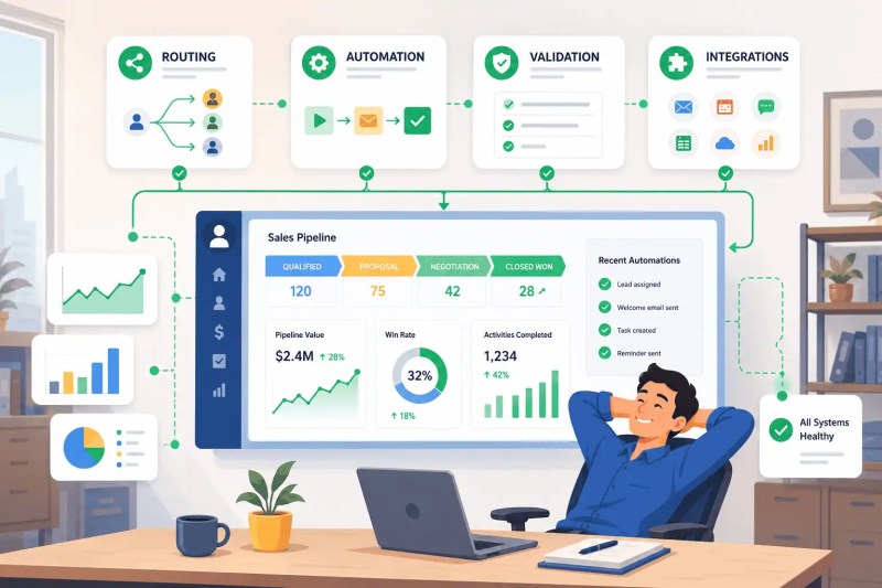 Scalable Zoho CRM system showing lead routing, workflow automation, data validation, and integrations connected into a reliable operating system