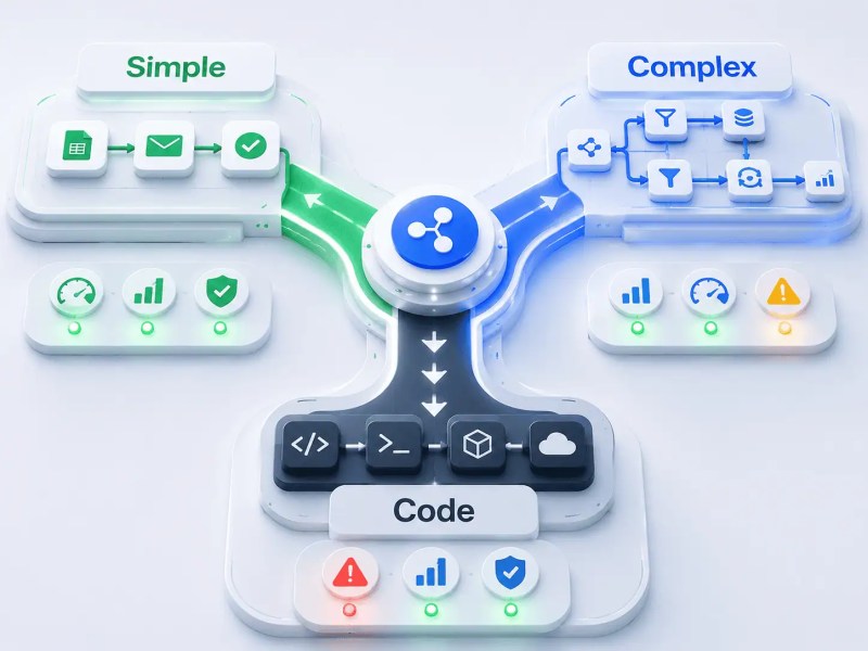 Workflow automation decision framework comparing simple no-code systems, complex branching workflows, and developer-controlled infrastructure models