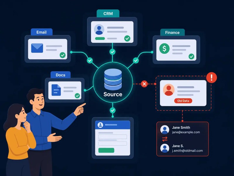 Diagram showing how unsynchronized data across CRM and email platform causes stale values to propagate into documents and downstream workflows