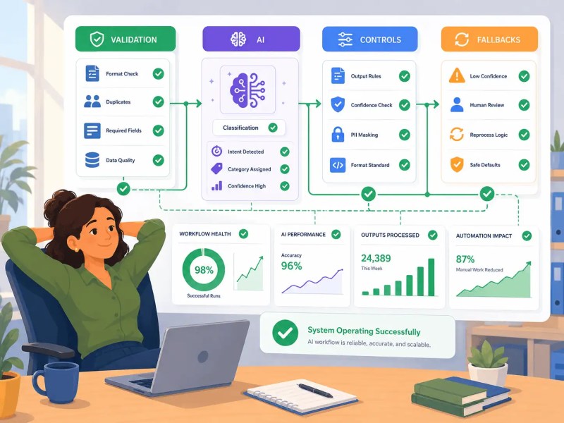 Successful no-code AI workflow system showing input validation, AI processing, output controls, and fallback logic connected through a reliable automation architecture