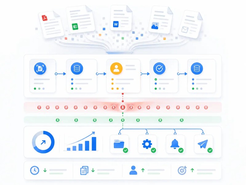 Document processing automation system coordinating extraction approvals routing and operational workflows