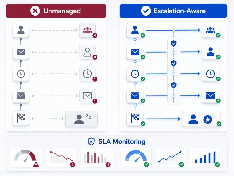 Comparison between unmanaged outreach failures and escalation-aware follow-up routing continuity