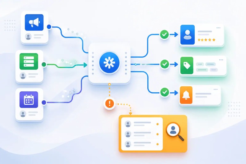 Lead automation workflow showing intake sources routing valid leads into CRM systems while incomplete records are redirected into a review queue