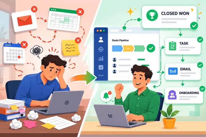 Comparison of manual CRM processes versus automated CRM workflow showing deal progression triggering onboarding tasks, notifications, and updates