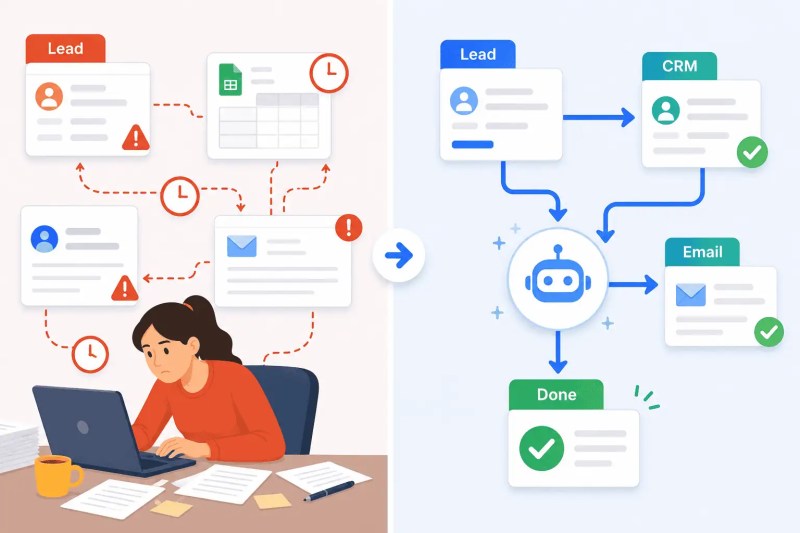 Side-by-side comparison of a manual lead handling process versus an automated workflow, showing where delays, missed steps, and inconsistency enter the manual path