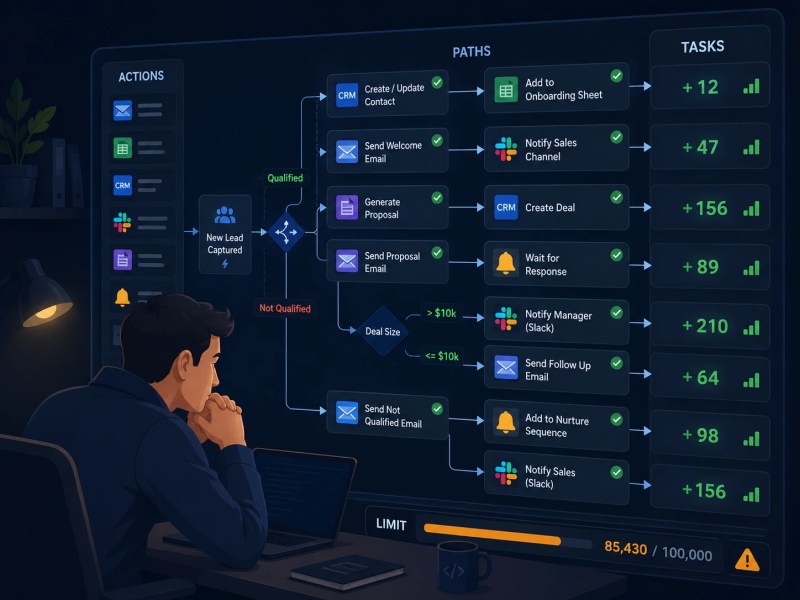 Visualization of a multi-step Zap workflow causing task usage growth at scale