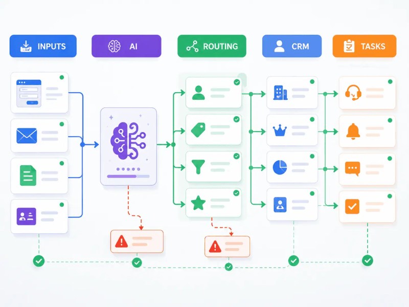 No-code AI workflow architecture showing forms, emails, documents, and CRM records flowing through an AI processing layer before routing into downstream business systems