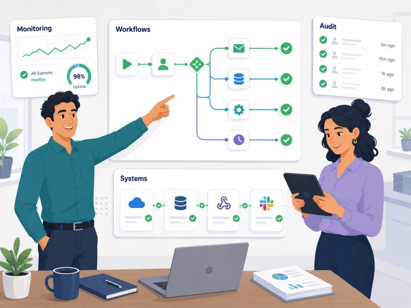 Business automation ecosystem organized into a reliable operational system with connected workflows