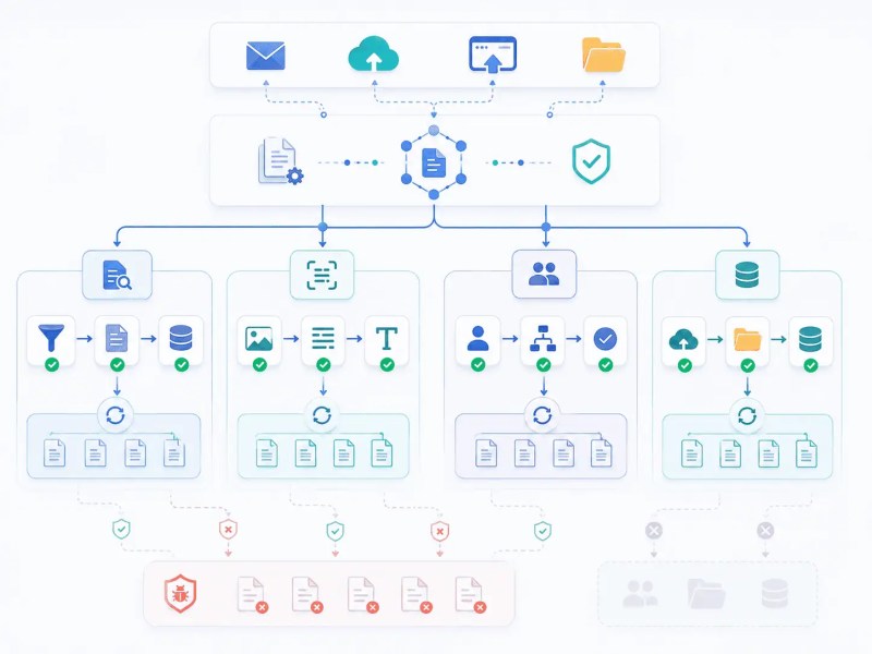 Queue-based document workflow system showing intake validation, OCR extraction, approval routing, retry queues, and CRM synchronization