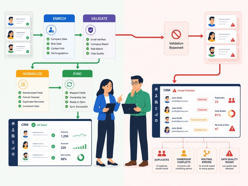 Apollo.io cleanup workflow showing enrich, validate, normalize, and sync stages compared with a broken workflow that creates duplicate CRM records