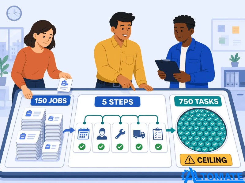 Field service workflow board showing 150 jobs, five workflow steps, and 750 tasks reaching the plan ceiling