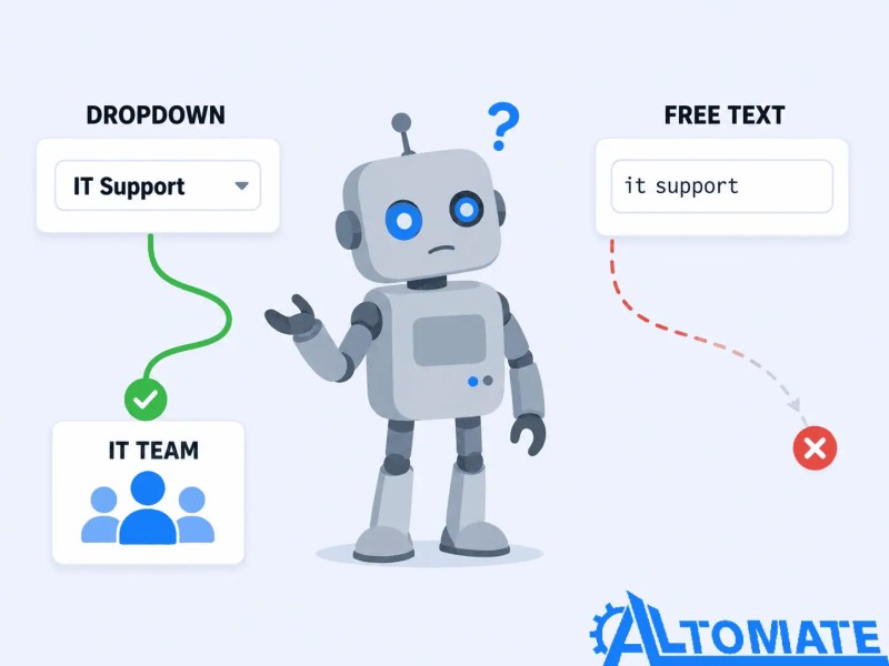 Comparison of dropdown routing versus free text routing in a Google Docs ticket automation workflow