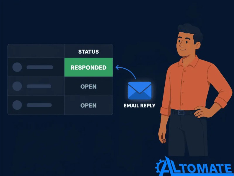Email reply updating a Google Sheets ticket status from open to responded in a ticket automation workflow