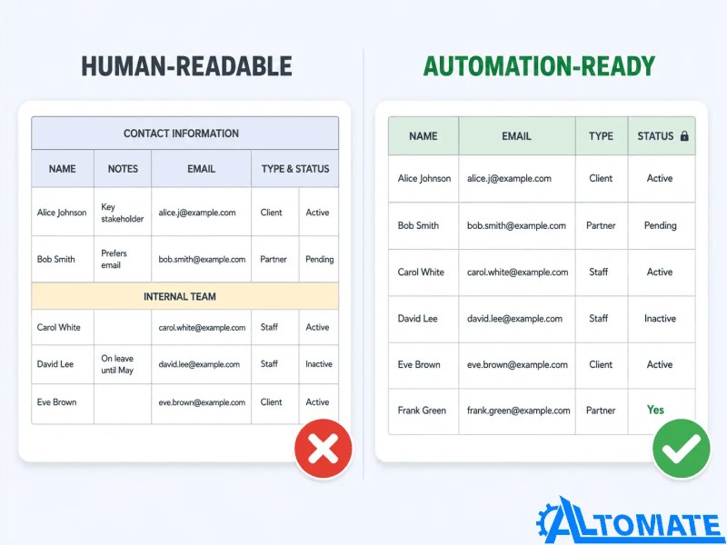 Human-readable versus automation-ready Google Sheet structure for email automation