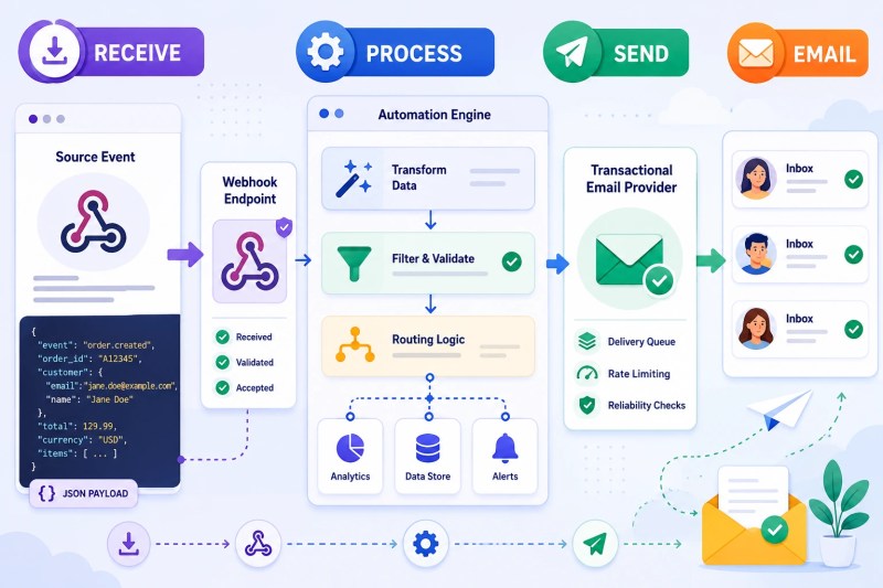 Webhook to send email workflow showing receive process send architecture
