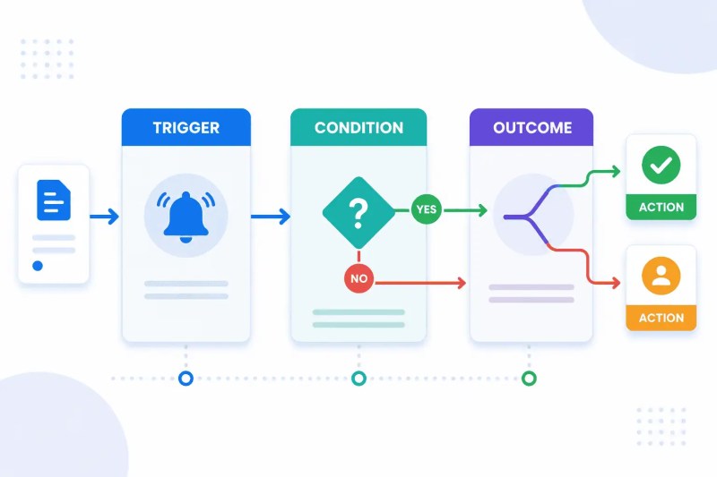 Business rules automation framework showing trigger, condition, outcome, and action stages