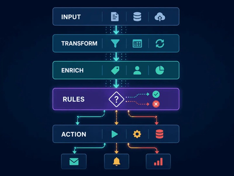 Workflow architecture showing input, transformation, business rules, and action layers