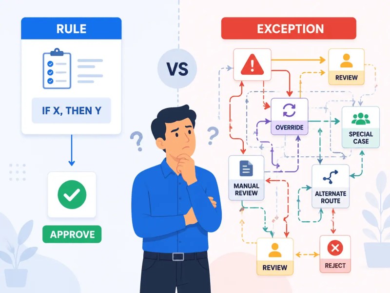 Comparison between a simple documented business rule and real-world exception handling