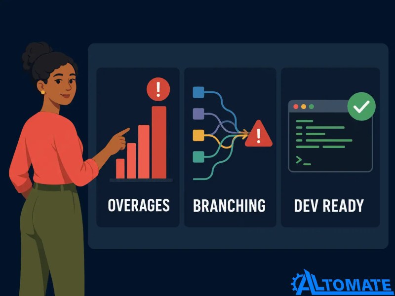 Dashboard showing overage bills, branching complexity, and developer readiness as Zapier migration warning signals