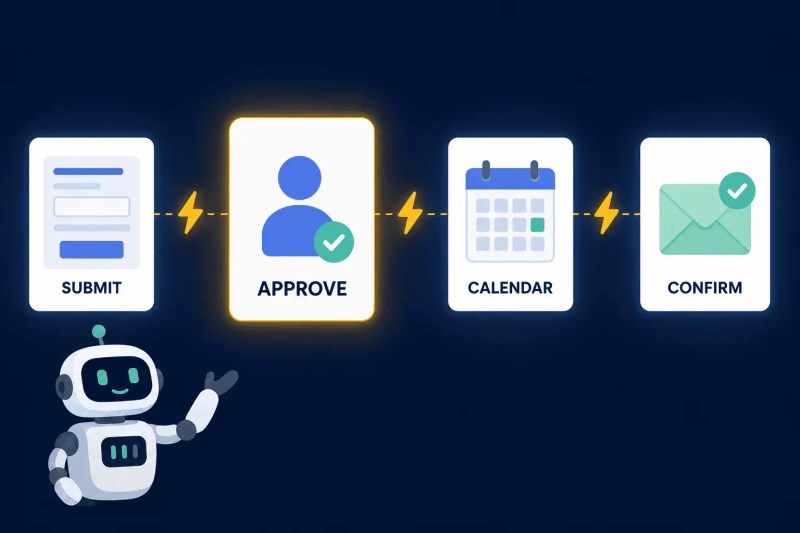 Zapier time-off approval automation flow — four-step sequence from employee submission through manager approval gate to calendar block and employee confirmation