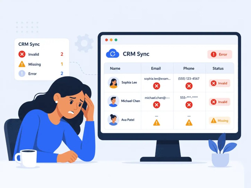 CRM sync failure showing invalid email and phone fields from Apollo.io API data mapping issues