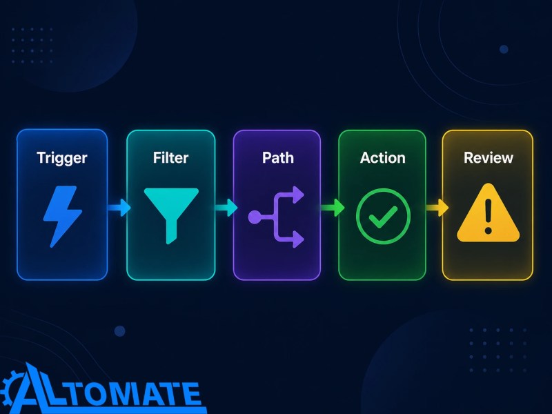 Reliable Zapier workflow pattern showing trigger, filter, path, action, and exception review steps
