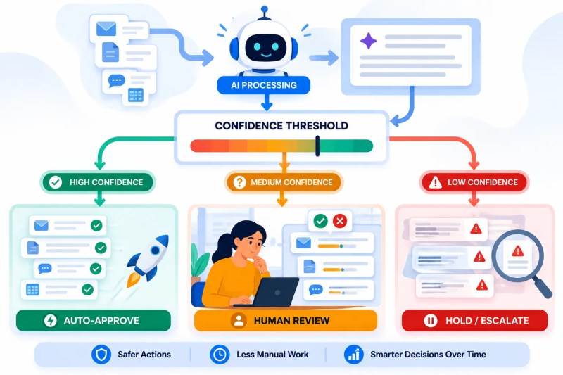 AI confidence threshold routing outputs into automatic processing and human review