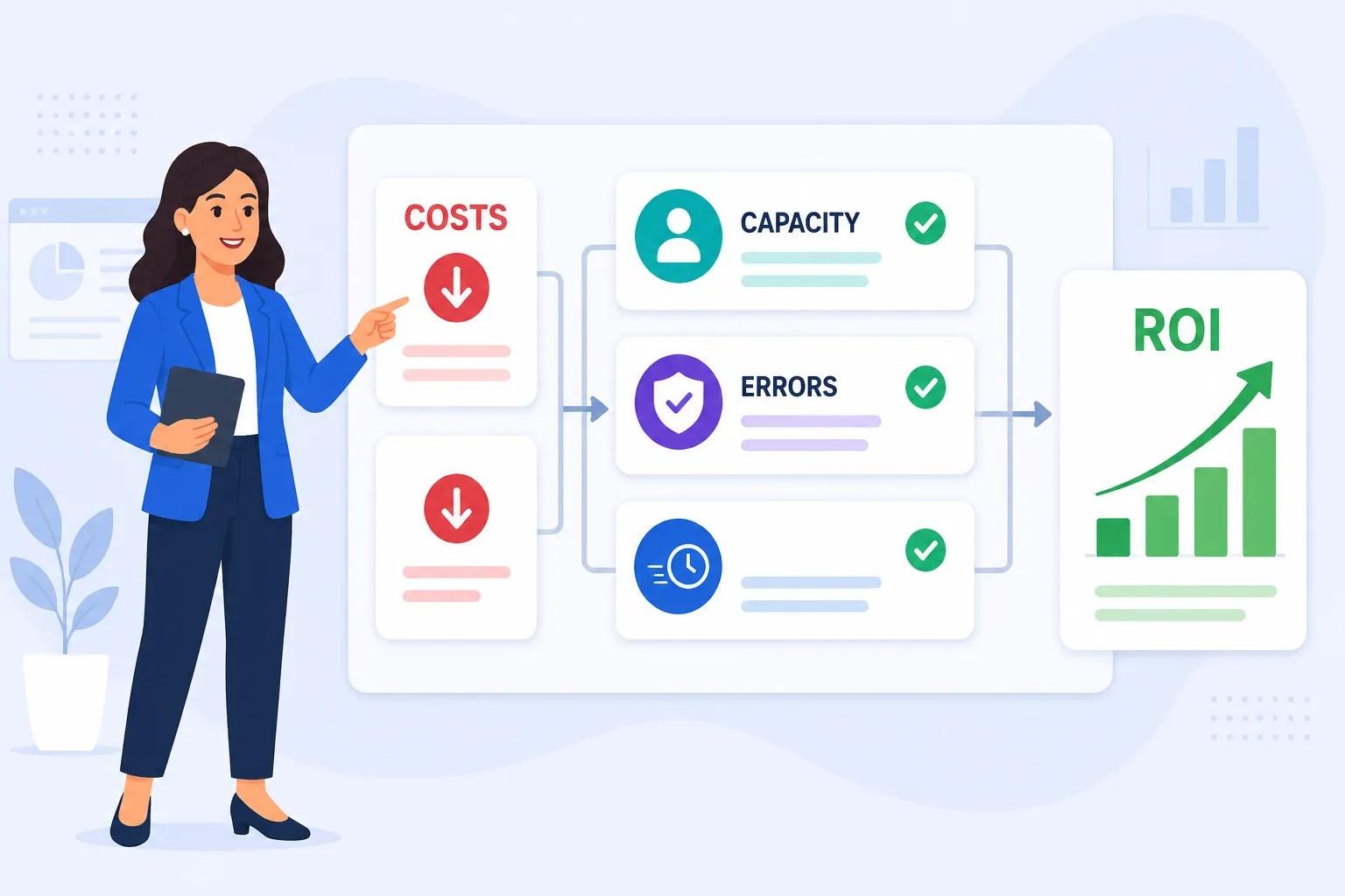 Business analyst reviewing automation ROI with costs, savings, and a positive return dashboard.