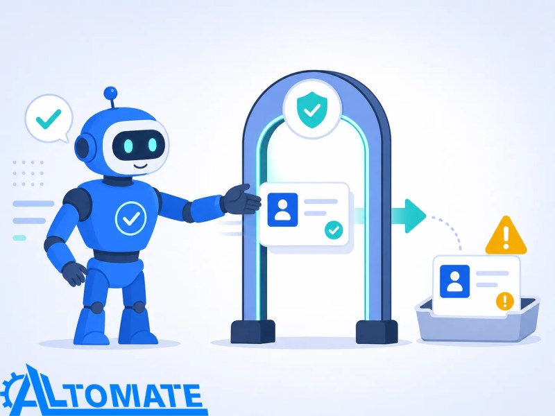 Friendly robot figure inspecting incoming CRM data at a validation checkpoint, with one flagged record held aside in a separate tray